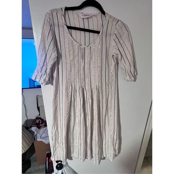 BIBA linen dress size 32 metallic linen summer pleated light - Picture 10 of 14